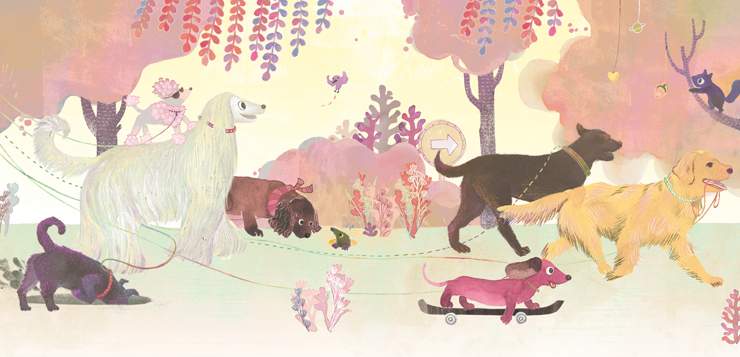 illustrations of dogs walking in the park with various personalities